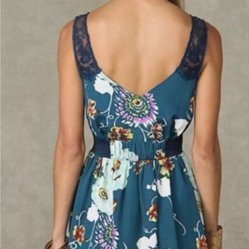 Free People Teal Floral Mini Dress with Navy Lace Trim